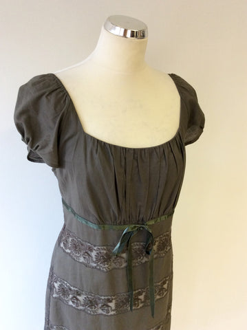 NOUGAT KHAKI LACE TRIM COTTON DRESS SIZE 4 UK 14 - Whispers Dress Agency - Sold - 2