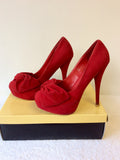 CARVELA RED FAUX SUEDE BOW TRIM HIGH PLATFORM HEELS SIZE 5/38 - Whispers Dress Agency - Sold - 3