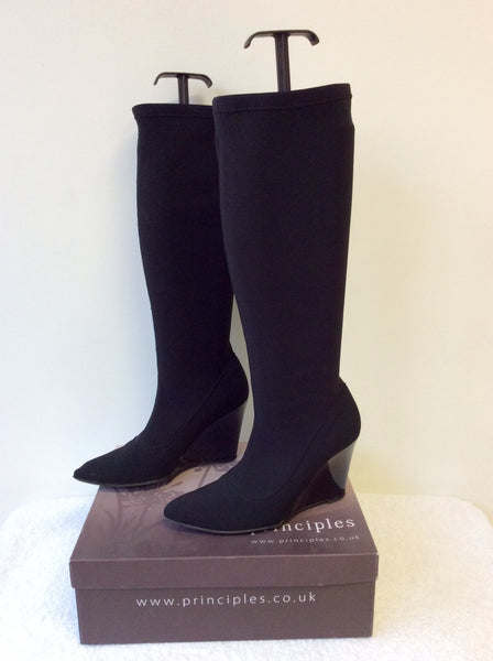 PRINCIPLES BLACK STRETCH WEDGE HEEL BOOTS SIZE 4/37 - Whispers Dress Agency - Sold - 1
