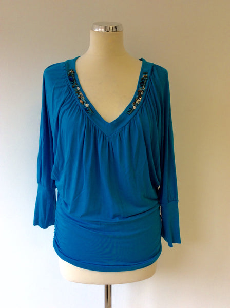 GIL BRET TURQOUISE BEADED & SEQUIN TRIM BATWING TOP SIZE 10