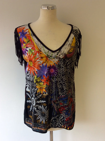 MARCCAIN BROWN PRINT FRINGED CAP SLEEVE TOP SIZE N5 UK 14/16