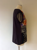 MARCCAIN BROWN PRINT FRINGED CAP SLEEVE TOP SIZE N5 UK 14/16