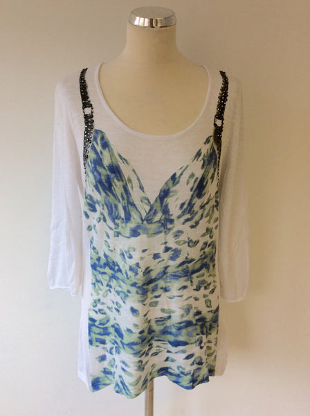 OUI MOMENTS WHITE WITH BLUE/GREEN PRINT FINE KNIT JUMPER SIZE 16 - Whispers Dress Agency - Womens Knitwear - 1