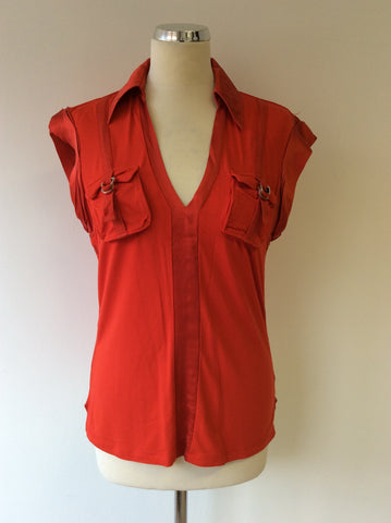 KAREN MILLEN RED SILK TRIM CAP SLEEVE T SHIRT TOP  SIZE 14