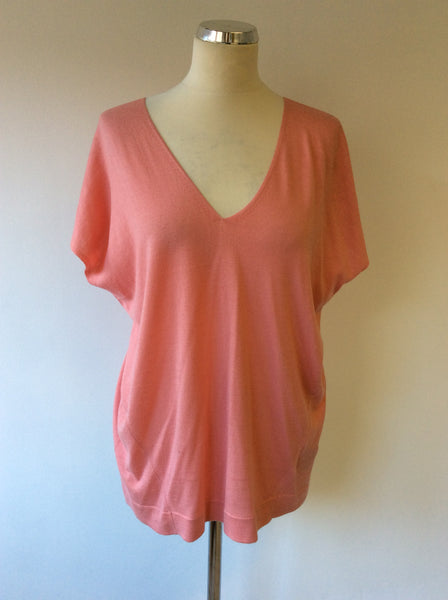 JAEGER SALMON PINK V NECK SILK & WOOL CAP SLEEVE JUMPER SIZE L - Whispers Dress Agency - Womens Knitwear - 1