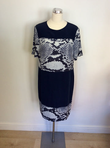JAEGER DARK BLUE SNAKESKIN PRINT SILK SHIFT DRESS SIZE 14