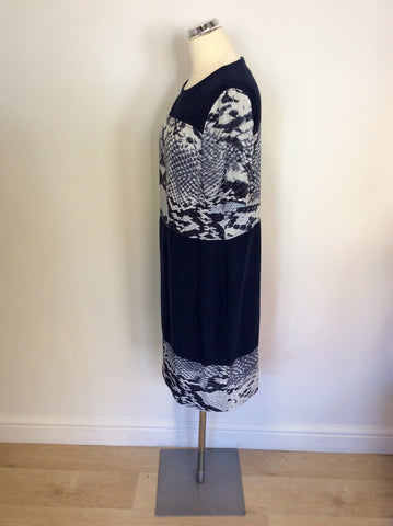 JAEGER DARK BLUE SNAKESKIN PRINT SILK SHIFT DRESS SIZE 14