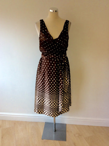 TED BAKER BROWN & CREAM SILK SPOTTED DRESS SIZE 4 UK 14 - Whispers Dress Agency - Sold - 1