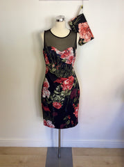 KAREN MILLEN BLACK & RED FLORAL PRINT DRESS & BRAND NEW MATCHING CLUTCH BAG SIZE 14