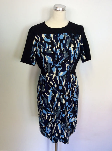 WHISTLES BLACK,BLUE & CREAM PRINT SHORT SLEEVE DRESS SIZE 14