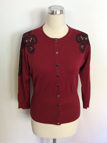 KAREN MILLEN BURGUNDY LACE TRIM SLEEVE CARDIGAN SIZE 4 UK 14