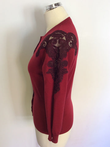 KAREN MILLEN BURGUNDY LACE TRIM SLEEVE CARDIGAN SIZE 4 UK 14