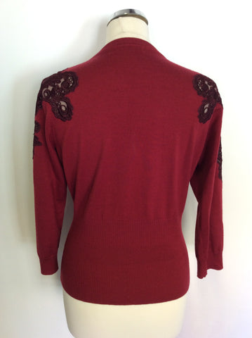 KAREN MILLEN BURGUNDY LACE TRIM SLEEVE CARDIGAN SIZE 4 UK 14