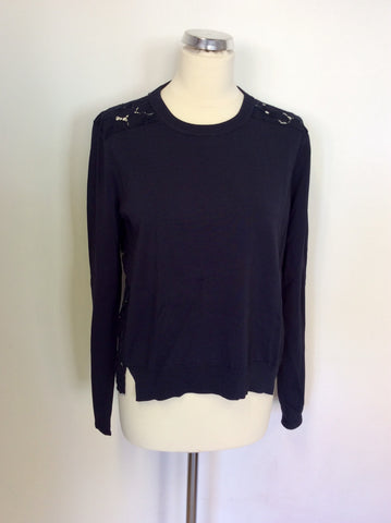 WHISTLES DARK BLUE LACE BACK JUMPER SIZE 14