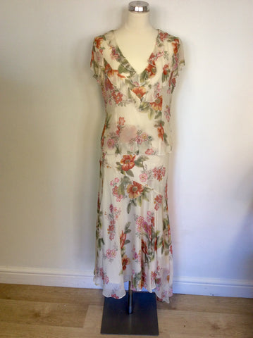 MONSOON IVORY FLORAL PRINT SILK TOP & SKIRT SIZE 10/14