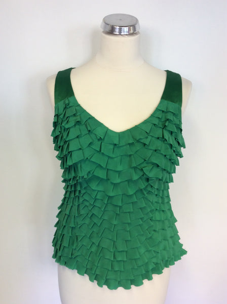 KAREN MILLEN GREEN SILK TIERED FRILL SILK TOP SIZE 10