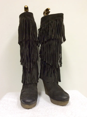 BRAND NEW DIESEL BROWN SUEDE FRINGED KNEE HIGH WEDGE HEEL BOOTS SIZE 6.5/40 - Whispers Dress Agency - Sold - 1