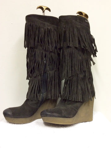 BRAND NEW DIESEL BROWN SUEDE FRINGED KNEE HIGH WEDGE HEEL BOOTS SIZE 6.5/40 - Whispers Dress Agency - Sold - 2