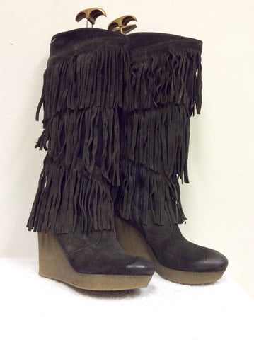 BRAND NEW DIESEL BROWN SUEDE FRINGED KNEE HIGH WEDGE HEEL BOOTS SIZE 6.5/40 - Whispers Dress Agency - Sold - 3