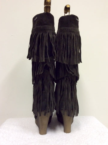 BRAND NEW DIESEL BROWN SUEDE FRINGED KNEE HIGH WEDGE HEEL BOOTS SIZE 6.5/40 - Whispers Dress Agency - Sold - 4