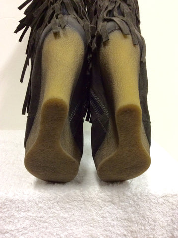 BRAND NEW DIESEL BROWN SUEDE FRINGED KNEE HIGH WEDGE HEEL BOOTS SIZE 6.5/40 - Whispers Dress Agency - Sold - 5
