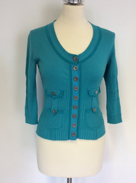 KAREN MILLEN TURQOUISE SCOOP NECK CARDIGAN SIZE 2 UK 10