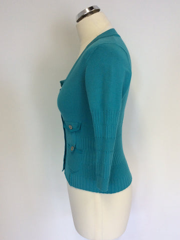 KAREN MILLEN TURQOUISE SCOOP NECK CARDIGAN SIZE 2 UK 10