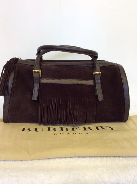 BURBERRY DARK BROWN SUEDE & LEATHER TRIM FRINGED HAND BAG - Whispers Dress Agency - Handbags - 1