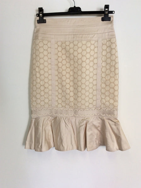 KAREN MILLEN CREAM BROIDERY ANGLAISE STRAIGHT SKIRT SIZE 10