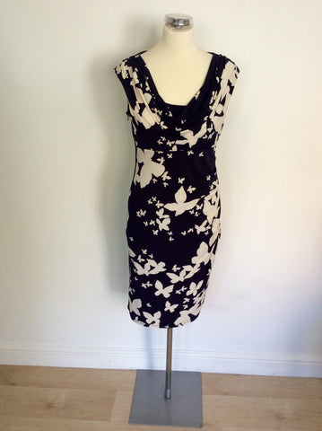 PHASE EIGHT NAVY BLUE & WHITE BUTTERFLY PRINT DRESS SIZE 14