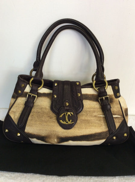JUST CAVALLI BROWN & CREAM PRINT LEATHER & CANVAS SHOULDER BAG - Whispers Dress Agency - Shoulder Bags - 1