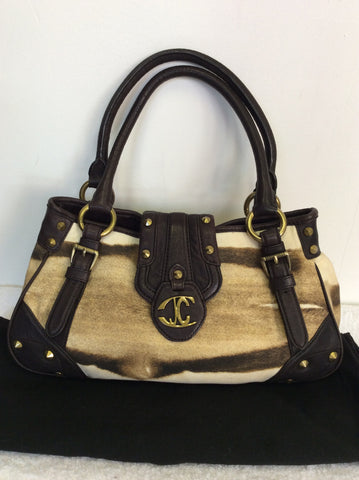JUST CAVALLI BROWN & CREAM PRINT LEATHER & CANVAS SHOULDER BAG - Whispers Dress Agency - Shoulder Bags - 1