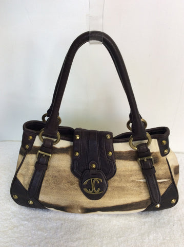 JUST CAVALLI BROWN & CREAM PRINT LEATHER & CANVAS SHOULDER BAG - Whispers Dress Agency - Shoulder Bags - 2