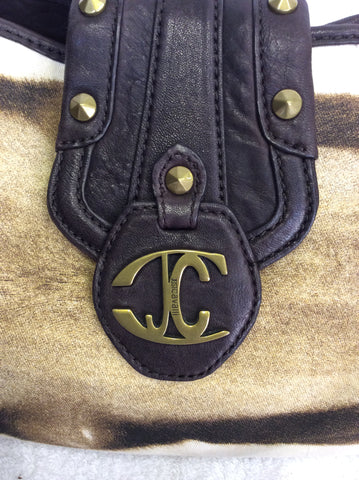 JUST CAVALLI BROWN & CREAM PRINT LEATHER & CANVAS SHOULDER BAG - Whispers Dress Agency - Shoulder Bags - 6