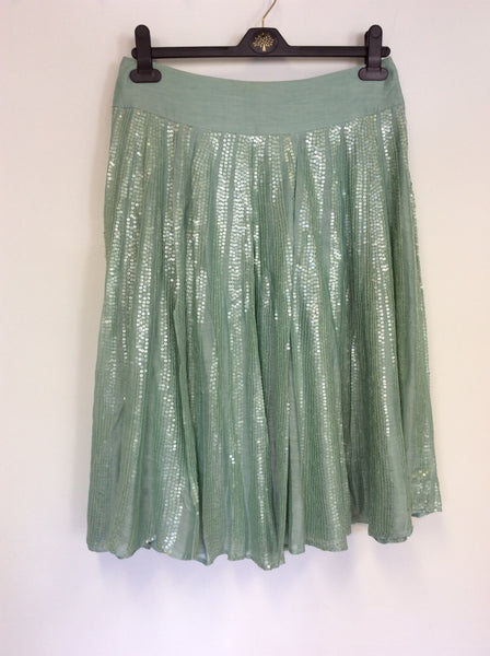 MONSOON GREEN SEQUINNED FLIPPY SILK & COTTON SKIRT SIZE 10