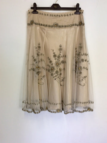 LAURA ASHLEY OYSTER BEIGE NET OVERLAY EMBROIDERED & SEQUINNED SKIRT SIZE 12