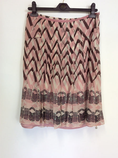 TED BAKER PINK,IVORY & BROWN PRINT SILK FLIPPY SKIRT SIZE 2 UK 10