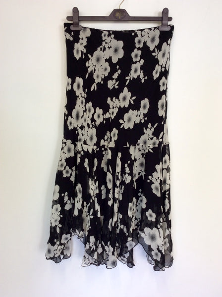 HOBBS BLACK & WHITE FLORAL PRINT SILK UNEVEN HEMLINE SKIRT SIZE 14