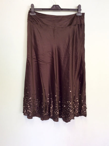 KALIKO BROWN SILK SEQUIN TRIM SKIRT SIZE 12