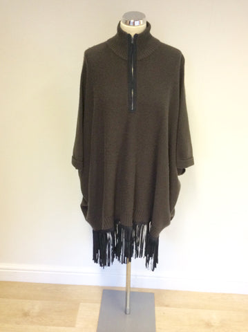 MARCCAIN BROWN & BLACK FRINGED PONCHO JUMPER SIZE N4 UK L/XL - Whispers Dress Agency - Womens Knitwear - 1