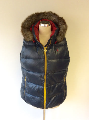 JOULES DARK BLUE DETACHABLE FAUX FUR HOOD PADDED FEATHER & DOWN BODY WARMER SIZE 16 - Whispers Dress Agency - Sold - 1