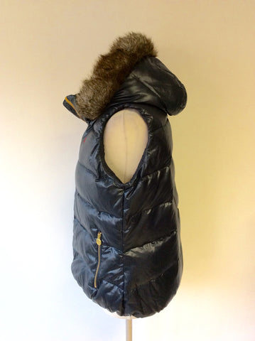 JOULES DARK BLUE DETACHABLE FAUX FUR HOOD PADDED FEATHER & DOWN BODY WARMER SIZE 16 - Whispers Dress Agency - Sold - 2