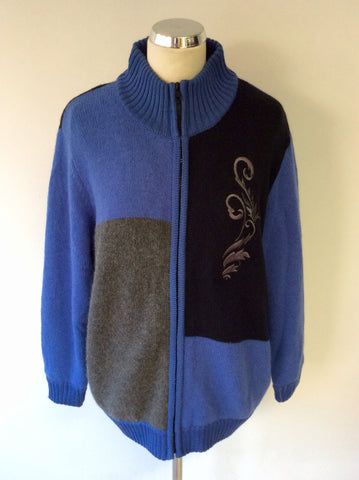 JACQUES VERT BLUE,BLACK & GREY EMBROIDERED ZIP FRONT CARDIGAN SIZE L - Whispers Dress Agency - Womens Knitwear - 1