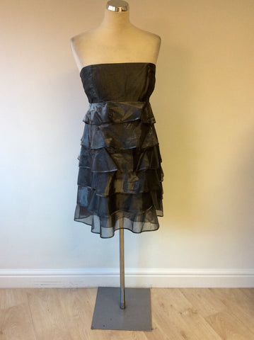 REISS SILVER GREY STRAPLESS TIERED COCKTAIL DRESS SIZE 14