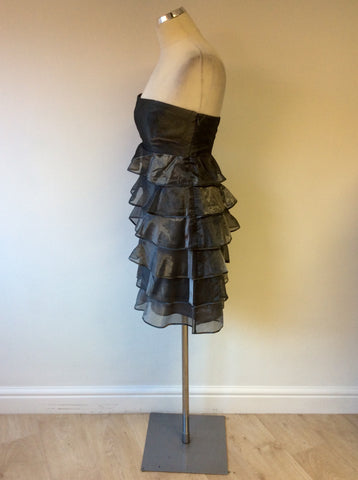 REISS SILVER GREY STRAPLESS TIERED COCKTAIL DRESS SIZE 14