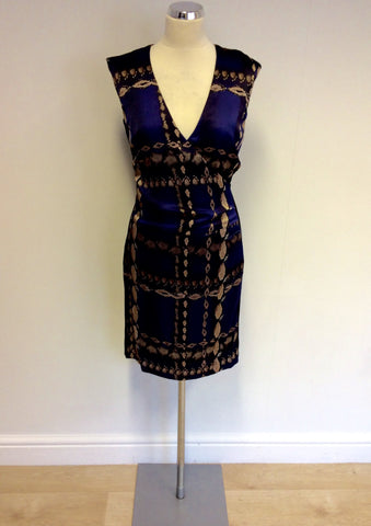 MARCCAIN BLUE & BRONZE SILK PRINT FRONT PENCIL DRESS SIZE N2 UK 10/12 - Whispers Dress Agency - Womens Dresses - 1