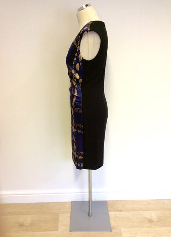 MARCCAIN BLUE & BRONZE SILK PRINT FRONT PENCIL DRESS SIZE N2 UK 10/12 - Whispers Dress Agency - Womens Dresses - 2