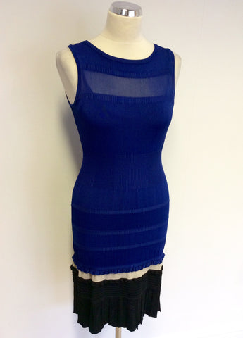 KAREN MILLEN BLUE & BLACK FINE KNIT STRETCH DRESS SIZE 2 UK 8/10 - Whispers Dress Agency - Womens Dresses - 1