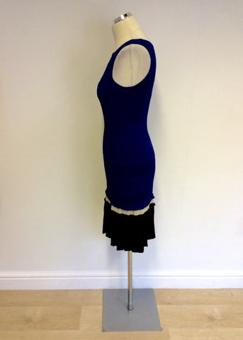 KAREN MILLEN BLUE & BLACK FINE KNIT STRETCH DRESS SIZE 2 UK 8/10 - Whispers Dress Agency - Womens Dresses - 2