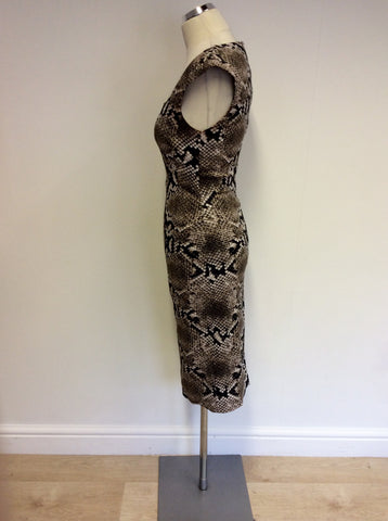 KAREN MILLEN CREAM & BROWN SNAKESKKIN PRINT PENCIL DRESS SIZE 10 - Whispers Dress Agency - Womens Dresses - 2